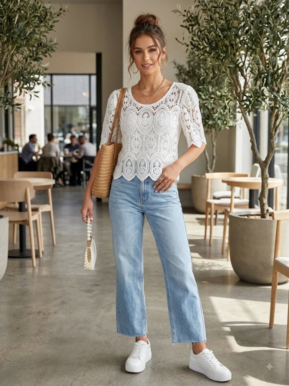 Solitaire White Crochet Knit Short Sleeve Top Cottagecore S Scalloped Lace Boho